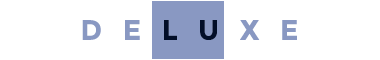 The word "DELUXE" is displayed in capital letters with each letter in light blue and the letter "U" in dark blue, contained within a blue square, making it a prime choice for SEO keywords.