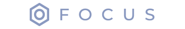 A logo with the word "FOCUS" in uppercase letters and a hexagonal icon with a central circle to the left of the text. The design, ideal for an SEO partner group, is rendered in light blue.