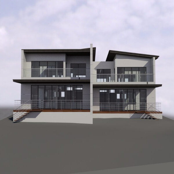 A modern duplex house with large glass windows, metal railings, and stairs leading to the entrance stands in sharp contrast to the surrounding home demolitions. The building boasts a flat roof and a chic gray and white exterior.