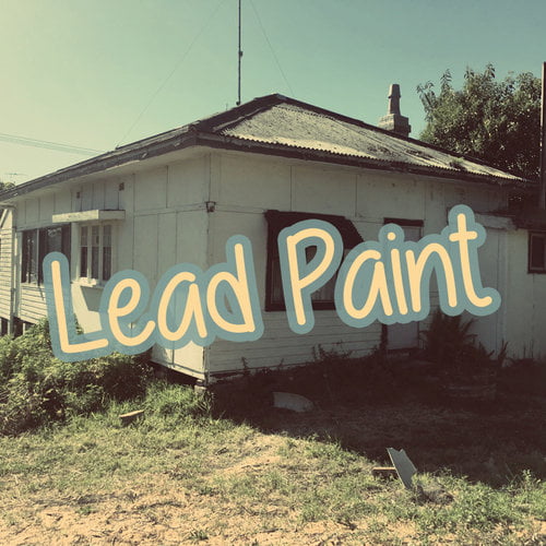 A small, weathered house with old, white exterior paint and the text "Lead Paint" written prominently across the image, hinting at its inevitable fate in home demolitions.