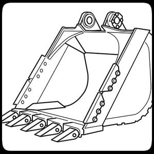 Line drawing of an excavator bucket attachment with angled teeth and bolt holes for attachment points. Ideal for heavy digging, material handling tasks, and home demolitions. For more information, visit our FAQ section.