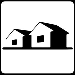 A simple black and white icon depicting two adjacent houses with pitched roofs and windows, perfect for illustrating FAQ sections related to home demolitions.