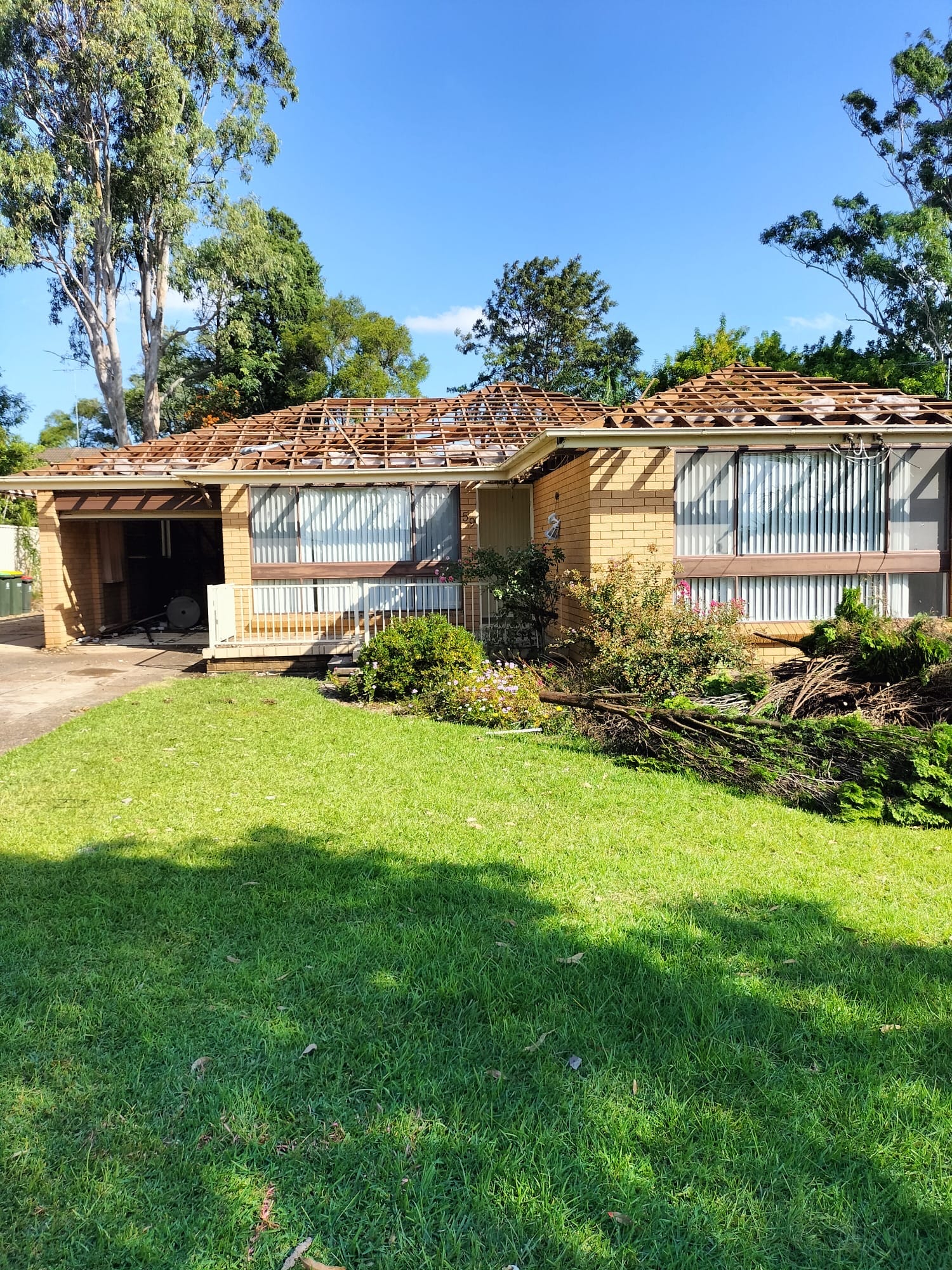A single-story house with a partially removed roof stands amidst the lush greenery and trees, basking under Sydney's clear blue sky. An expert touch is evident in the careful home demolition process.